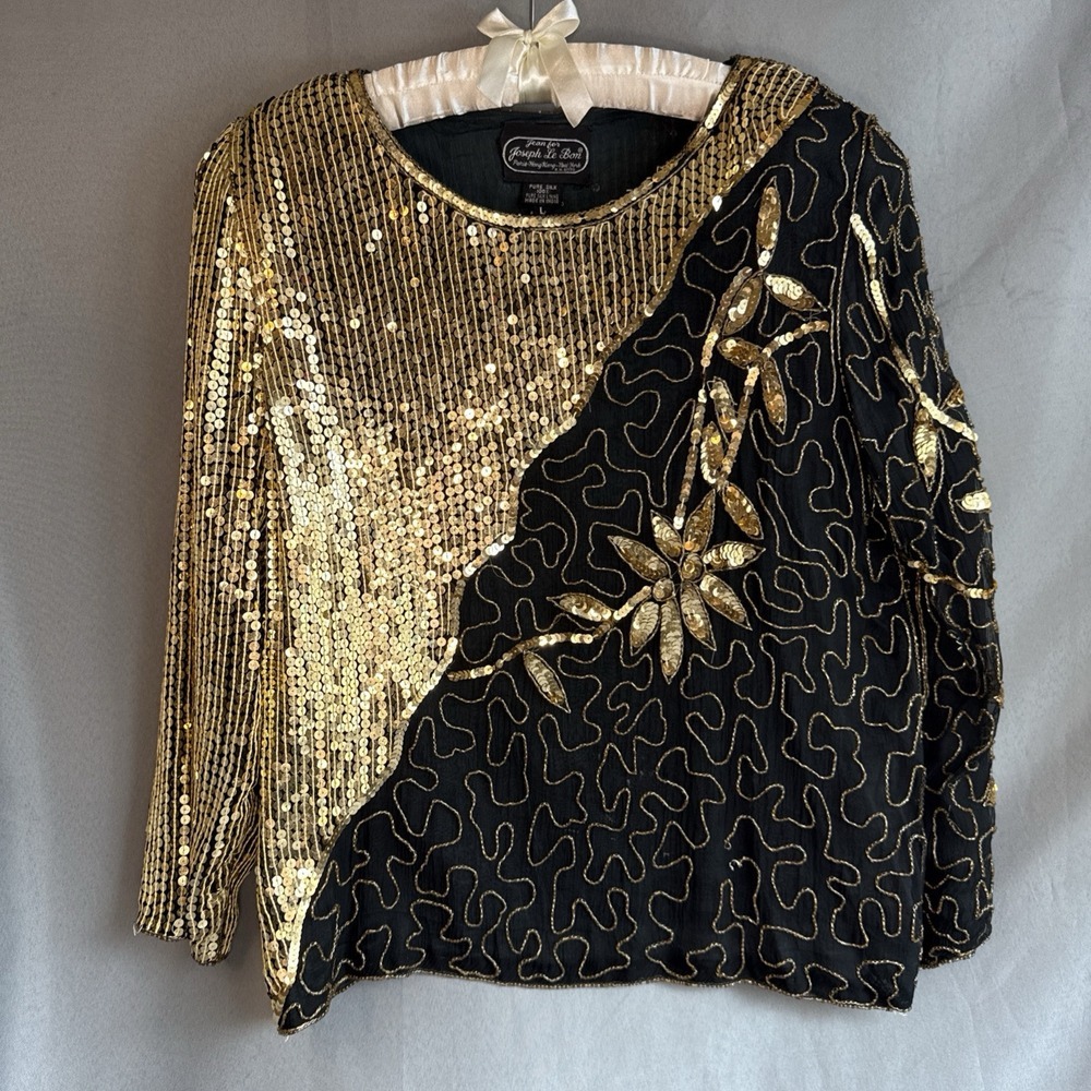 Vintag 80's Jean For Joseph Le Bon Pure Silk Beaded/Sequined Blouse L/S Size Lg